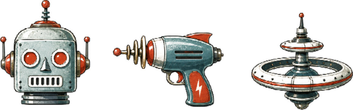 Halftone vector robot ray gun spaceship set in retro grunge style with dotted transparent background