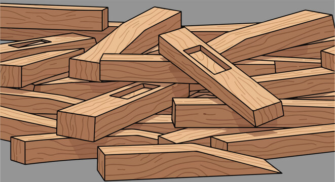 Assorted light brown wooden blocks, some with mortises, stacked against gray