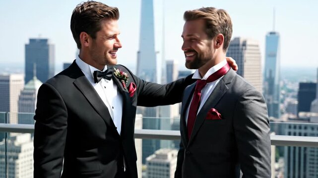 Groom helping best man adjust red tie on city balcony. Two smiling friends getting ready for urban wedding with skyline background