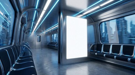 Obraz premium Futuristic subway train interior features a blank illuminated billboard, empty seats, and neon blue overhead lighting in a pristine setting.