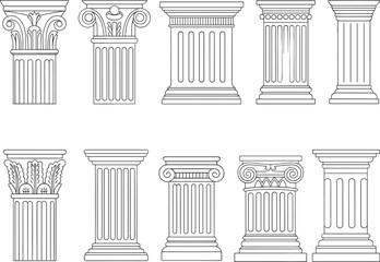 Naklejka premium Classical columns collection set, ancient greek roman architecture pillars illustration, vector design for historic decoration
