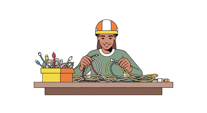 Smiling person in hard hat sorting a tangled pile of colorful cables and connectors