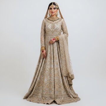 Elegant South Asian bride in gold embroidered lehenga, traditional Pakistani bridal fashion, luxury wedding dress with intricate beadwork and jewelry