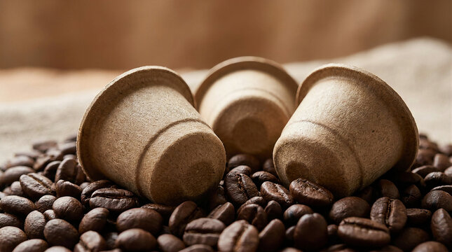 Biodegradable Bamboo Espresso Coffee Pods Resting on Roasted Beans