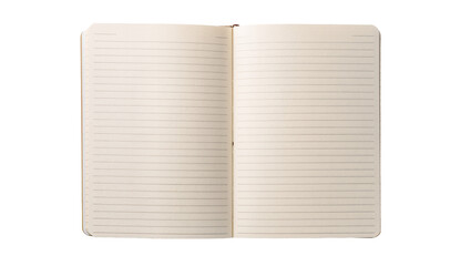Open blank lined notebook with cream pages, isolated on transparent background