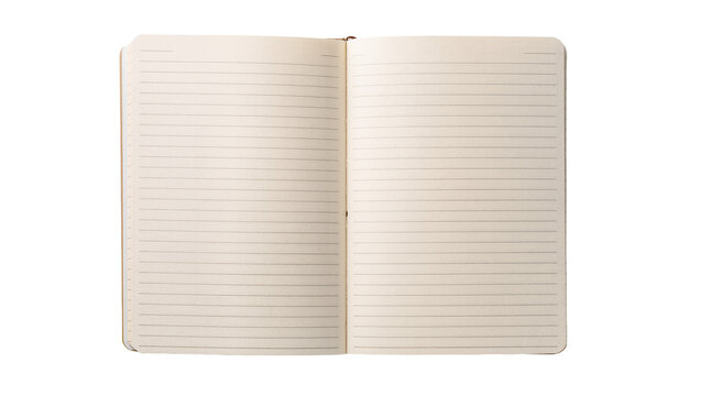 Open blank lined notebook with cream pages, isolated on transparent background