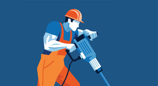 Graphic illustration of a worker in orange hard hat & overalls operating a jackhammer