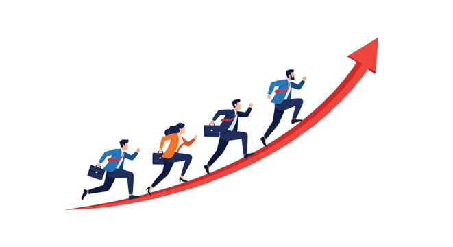 Diverse business professionals ascend a red upward arrow, representing career progress and market growth strategy