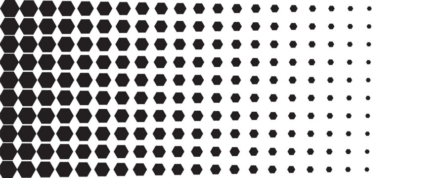 Halftone lattice with hexagon. Gradient transition grid with fade effect. Degrade background with black hexagon size gradation. Vertical border with gradient transition lattice, vector illustration