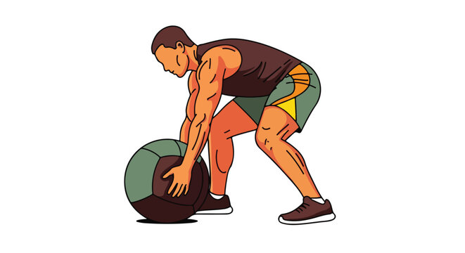 Muscular man in activewear squats to lift or drop a medicine ball, fitness training