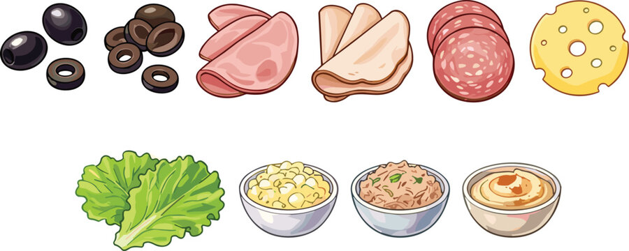 Sandwich ingredients collection with olives, ham, cheese, lettuce and spreads, food vector illustration set