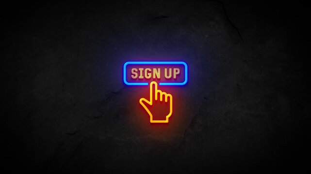 Neon glowing Sign up button video animation on black background. Neon Hand Cursor Clicking sign up button animation. Click button business concept. Neon glowing Finger cursor animation.