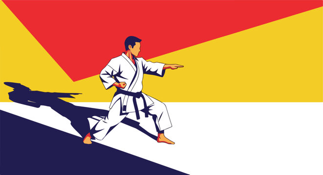 A martial artist in a karate gi performing a dynamic strike against a vibrant geometric background