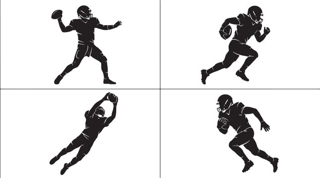 American football player silhouettes in various action poses including throwing running and catching in vector graphic style