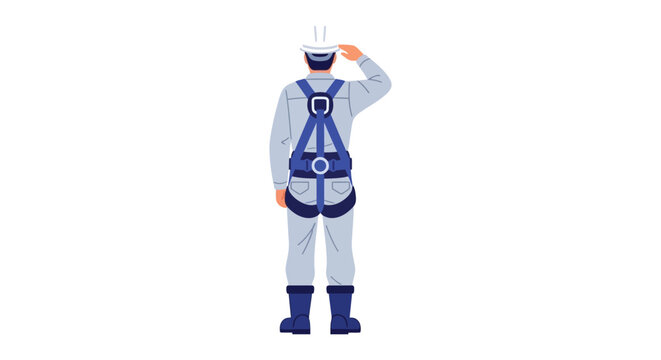 Construction worker wearing a safety harness and hard hat salutes while standing outdoors