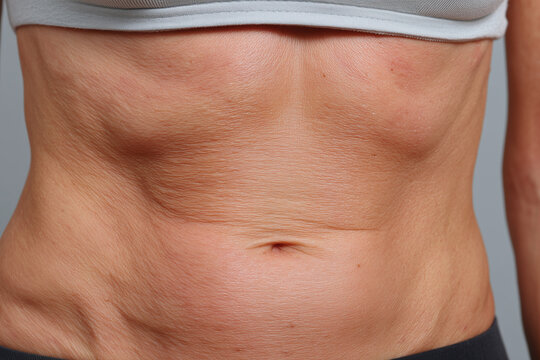 Slim abdomen female abdomen close up skin texture subtle stretch mark navel torso cropped body midriff underwear