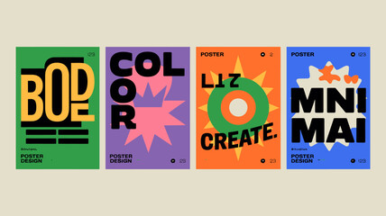 Four colorful poster designs with bold typography and geometric shapes isolated on a neutral background © Ultimate