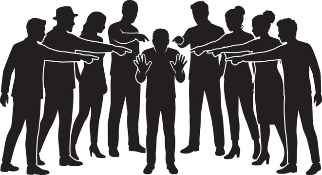 Group of people pointing fingers at a central person representing social exclusion and bullying concept vector illustration