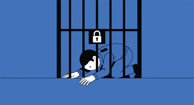 Stylized man on knees behind jail bars, open padlock above suggests freedom within
