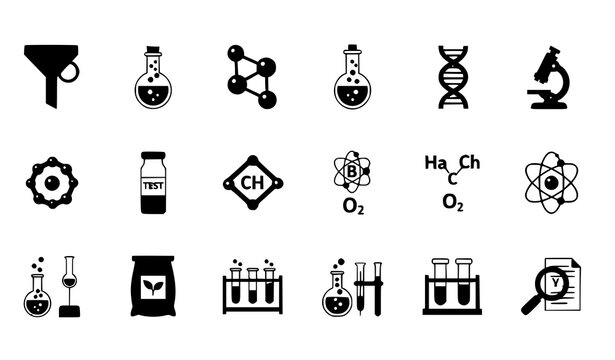 Science lab vector icon set DNA molecule microscope chemistry flat design