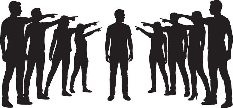 Group of people pointing fingers at a single person in the center isolated on white background vector