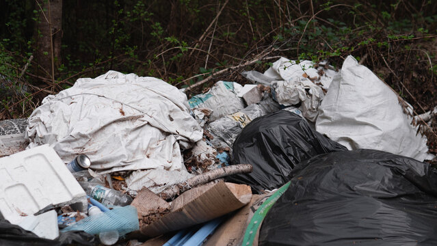 Mixed Household Refuse And Black Plastic Bags, Cans And Bottles Visible Among Torn Packaging, Organic Rot And Leachate Risk Near Tree Line, Public Health Concern And Call For Collection Action