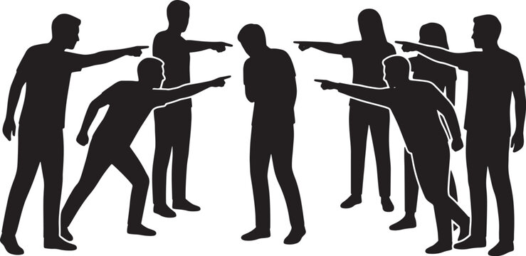 Group of people pointing fingers at a lonely person in the center, social bullying concept vector illustration