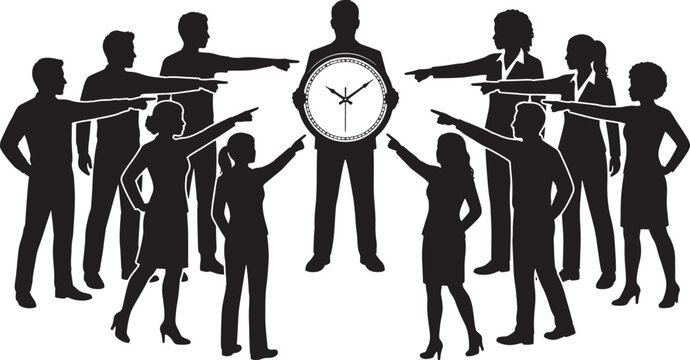 Group of people silhouettes pointing fingers at a central person holding a clock vector illustration concept