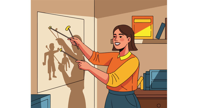 Smiling woman teaching with shadow puppets on a screen, holding pointers in a classroom