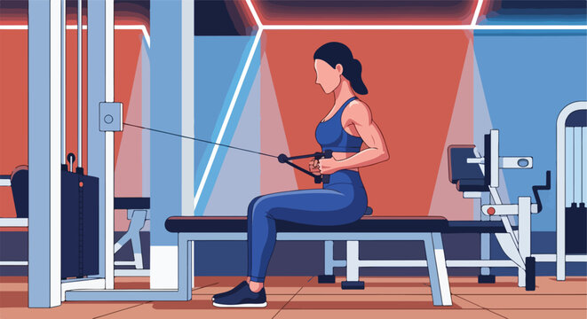 Woman in blue workout gear performs seated cable row exercise at a vibrant gym