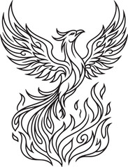 Fototapeta premium Phoenix bird rising from flames line art illustration for tattoo design or emblem vector graphic element