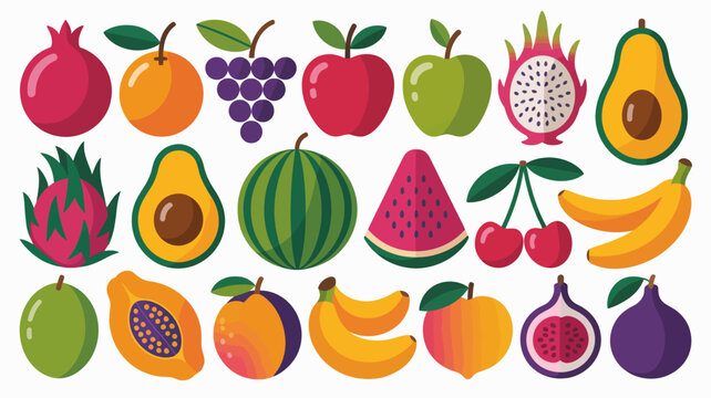 Colorful fruit illustration with a white background including bananas apples and dragon fruit high quality professional