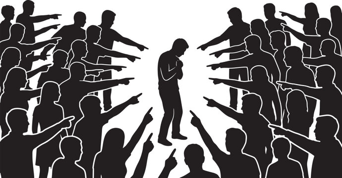 Silhouette of a lonely person being pointed at by a crowd representing social bullying and judgment