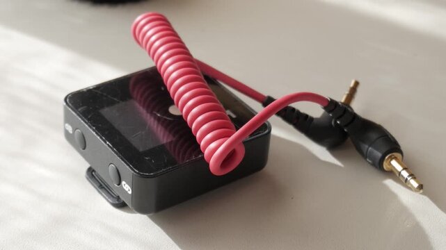Close-up of lavalier mic setup on bright surface for recording audio