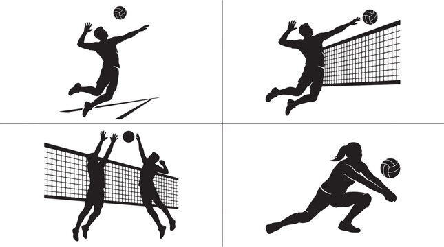 Volleyball player silhouettes in various action poses including spiking and digging with net isolated on white background