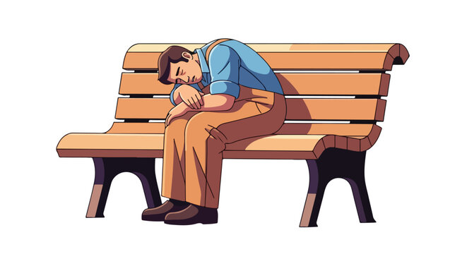A tired man in overalls sleeps slumped on a park bench, resting his head on his arm