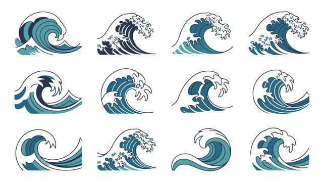Collection of ten stylized wave illustrations in shades of teal and blue on a white background