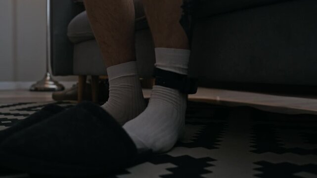 Low section close up of unrecognizable person with ankle tattoo wearing white socks and electronic ankle monitor putting on slippers while getting up from couch at home