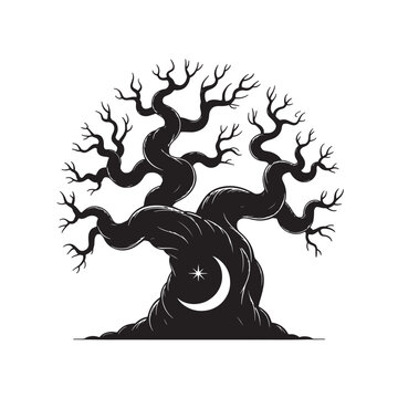 Spooky gnarled tree silhouette with crescent moon and star, black and white