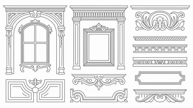 ornate architectural elements and decorative frames black and white line art illustration high quality professional detailed