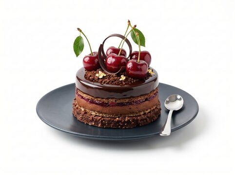 Luxurious Chocolate Layer Cake with Cherries and Silver Spoon on Plate