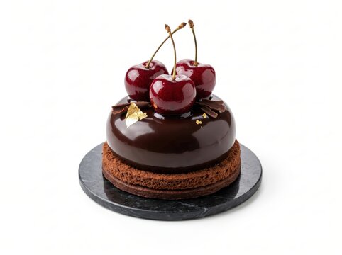 Luxurious Chocolate Dome Cake with Fresh Cherries and Gold Leaf on Marble Plate