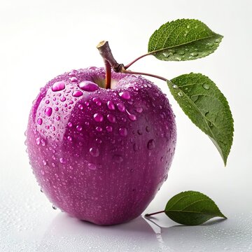 A close-up of a purple apple covered in water droplets, with a brown stem and vibrant green leaves, set against a clean white background with subtle reflections.