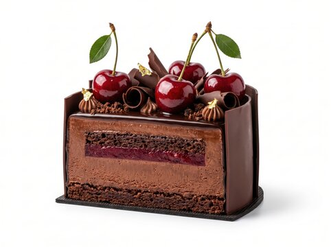Cross Section of Luxurious Chocolate Layer Cake with Fresh Cherries and Gold Foil