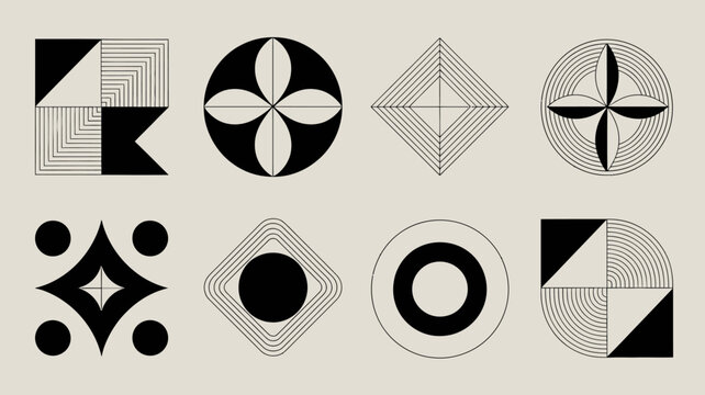 abstract geometric shapes collection black and white line art on beige background high quality professional detailed