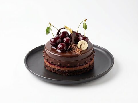 Luxurious Mirror Glaze Chocolate Cake with Cherries and Monogram Decor