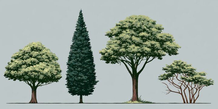 Set of four distinct hand drawn style trees including a deciduous oak a tall evergreen conifer a large leafy shade tree and a small sparse shrub isolated on a plain light gray background