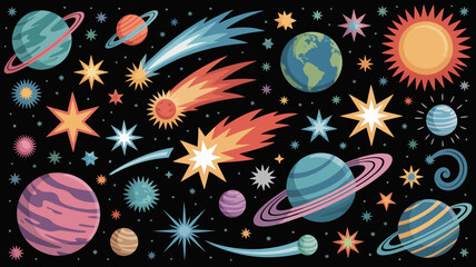 Colorful planets stars and comets illustration on a black background high quality professional detailed modern elegant © Ultimate