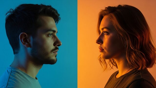 Dramatic split image of a man and woman facing each other with contrasting lighting and backgrounds emphasizing emotional tension and connection in a cinematic style