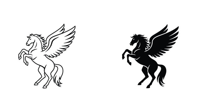 Majestic pegasus rearing up vector graphic featuring detailed line art and solid black silhouette for fantasy mythology designs